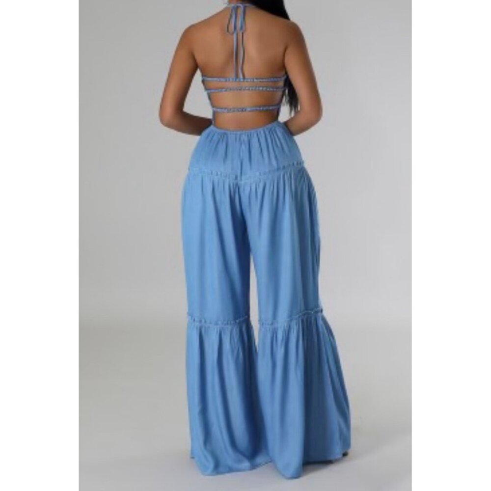Blue Halter Neck Smocked Jumpsuit With Open Back & Wide Leg Pant For Size 2X - Picture 3 of 14